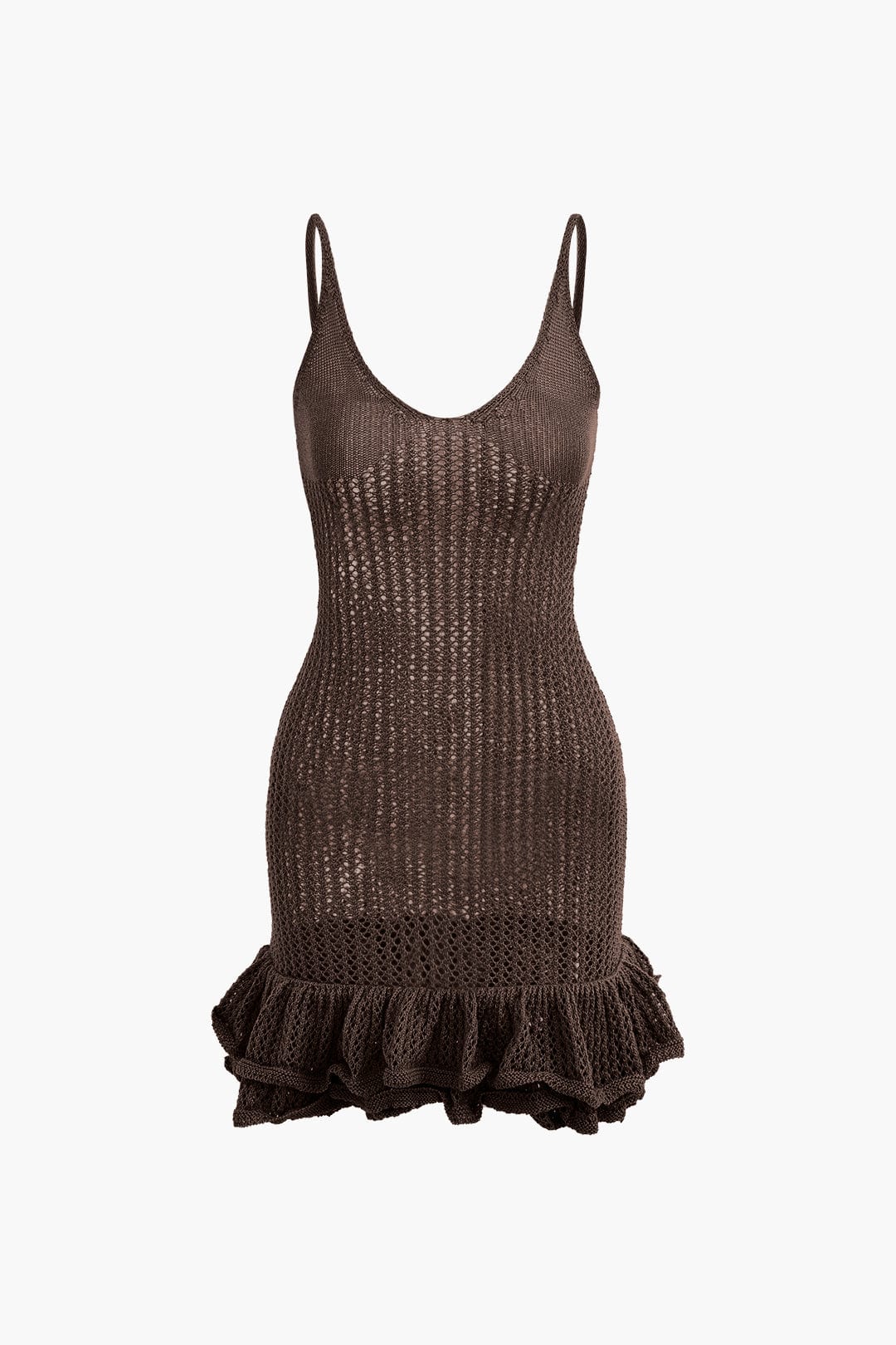 Moon 45 COFFEE / XS Open Knit Ruffle Hem Cami Mini Dress