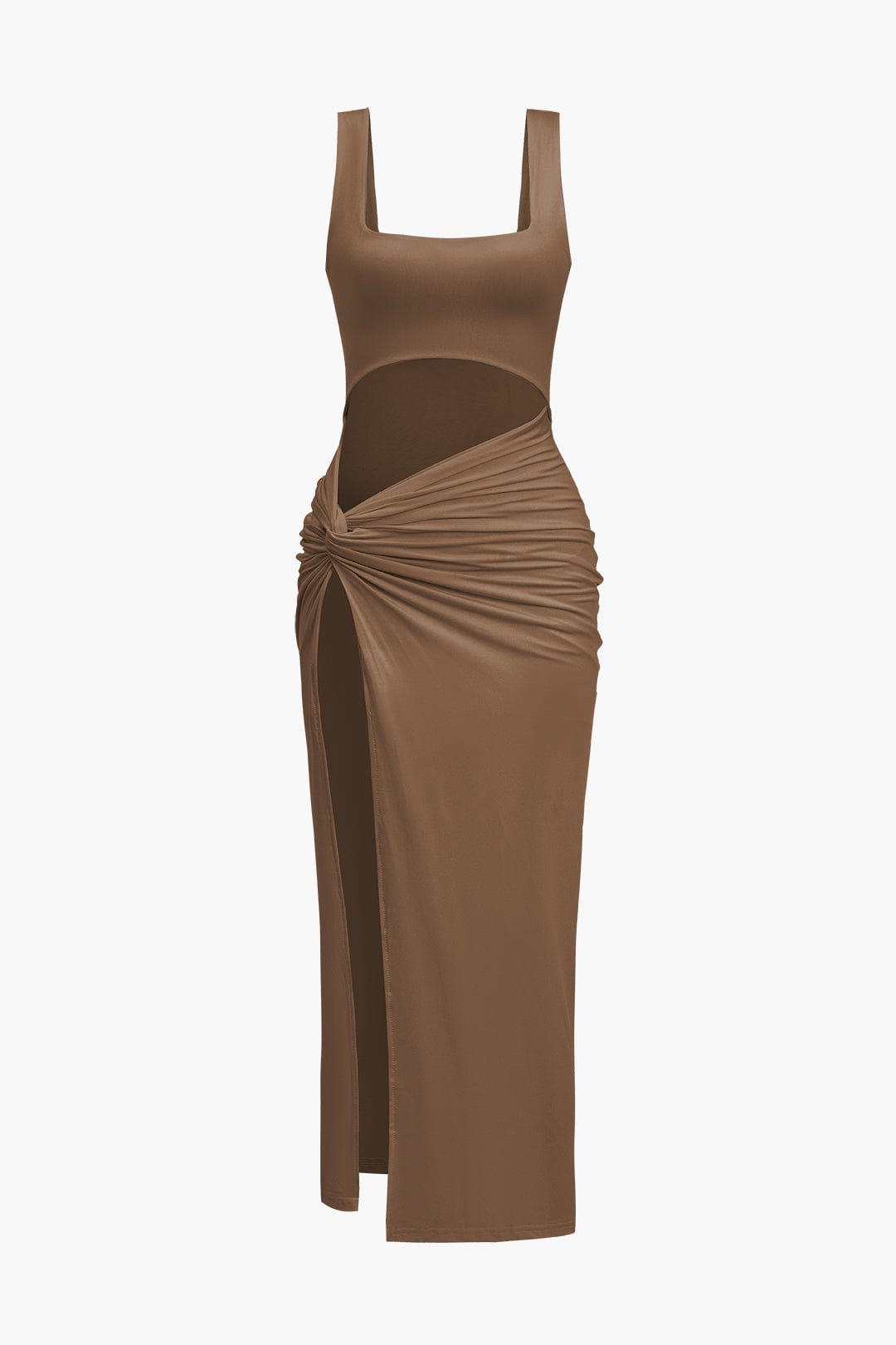 Moon 45 COFFEE / XS Solid Twist Front Cut Out Slit Midi Dress