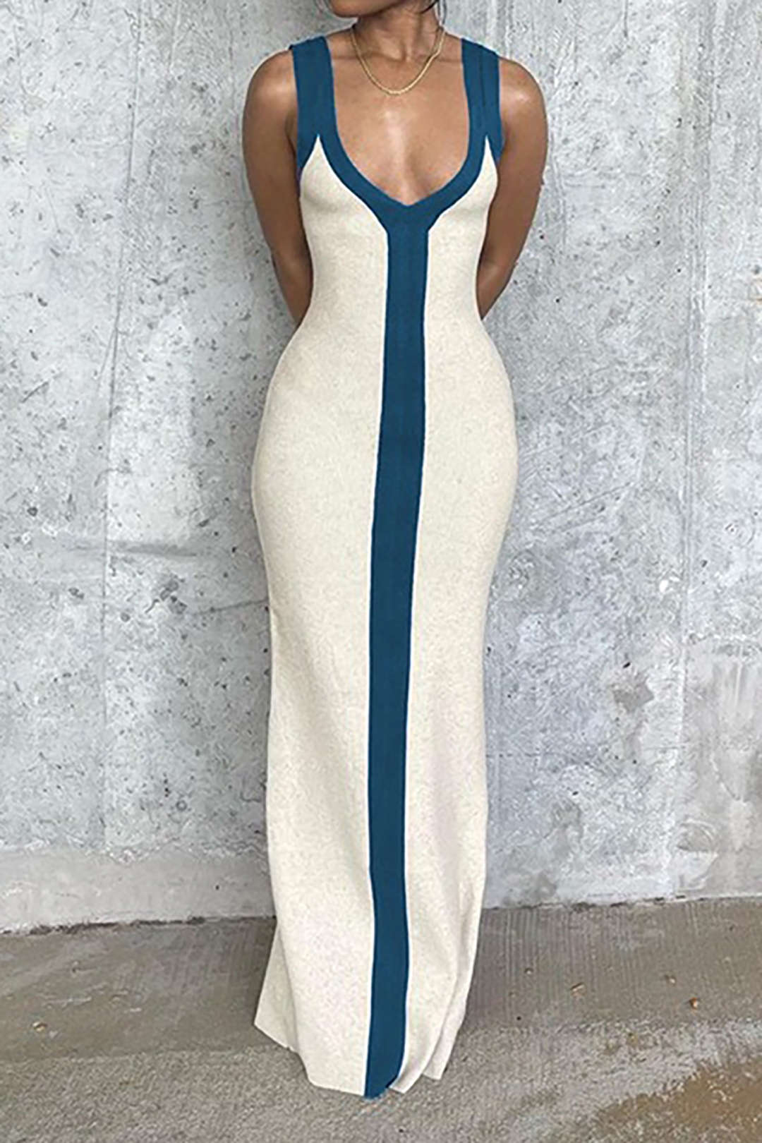 Moon 45 Colorblock V-neck Ribbed Split Maxi Dress