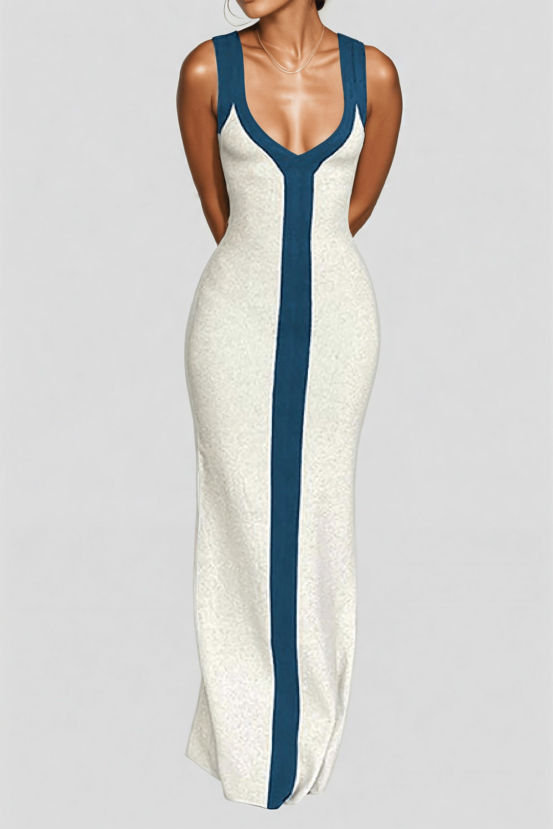 Moon 45 Colorblock V-neck Ribbed Split Maxi Dress