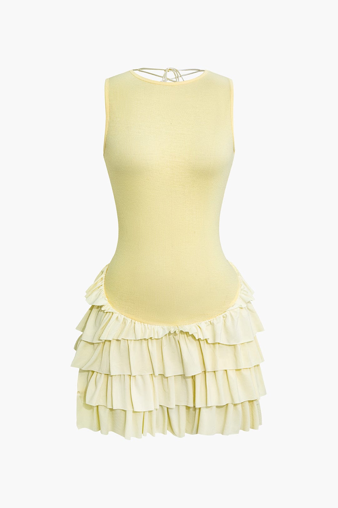 Moon 45 CREAM YELLOW / XS Lace Up Back Sleeveless Ruffle Hem Mini Dress