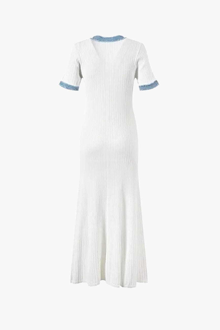 Moon 45 Denim Contrast Patchwork Knit Midi Dress