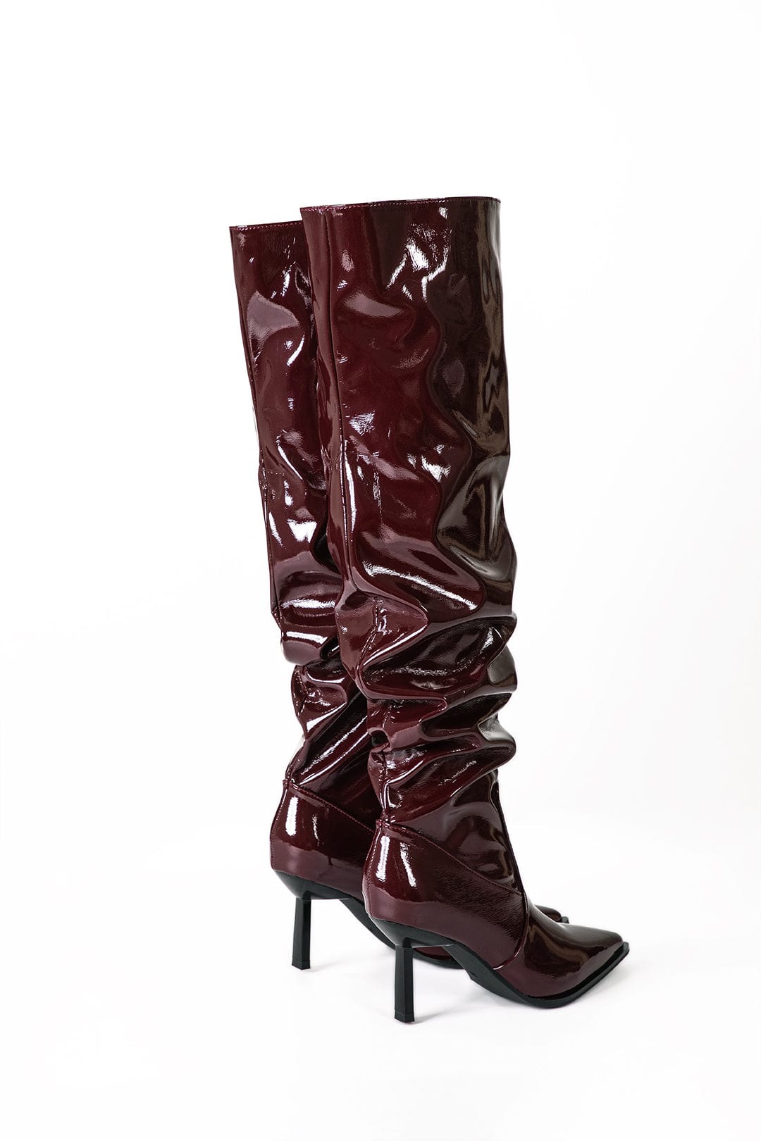 Moon 45 Faux Leather Ruched Pointed Toe Knee High Boots