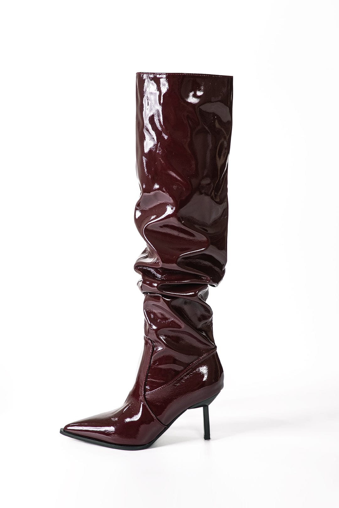 Moon 45 Faux Leather Ruched Pointed Toe Knee High Boots