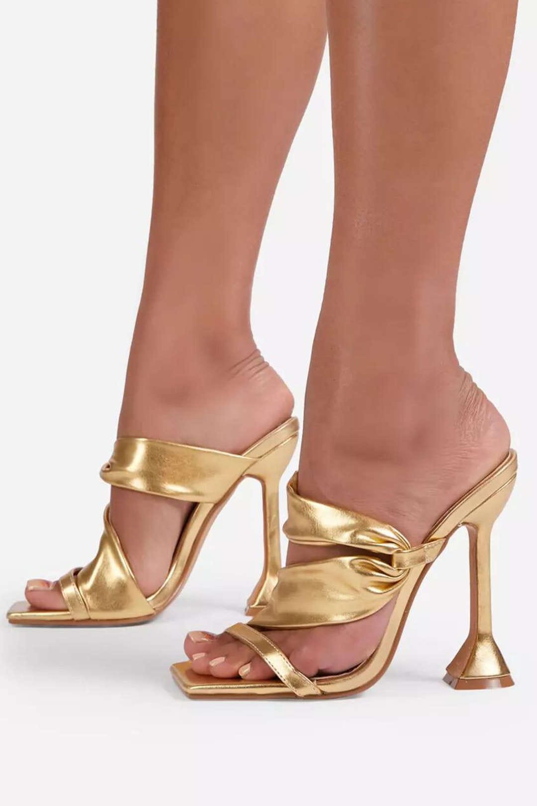 Moon 45 GOLD / 37 Metallic Ruched Square-toe High Heels Sandals