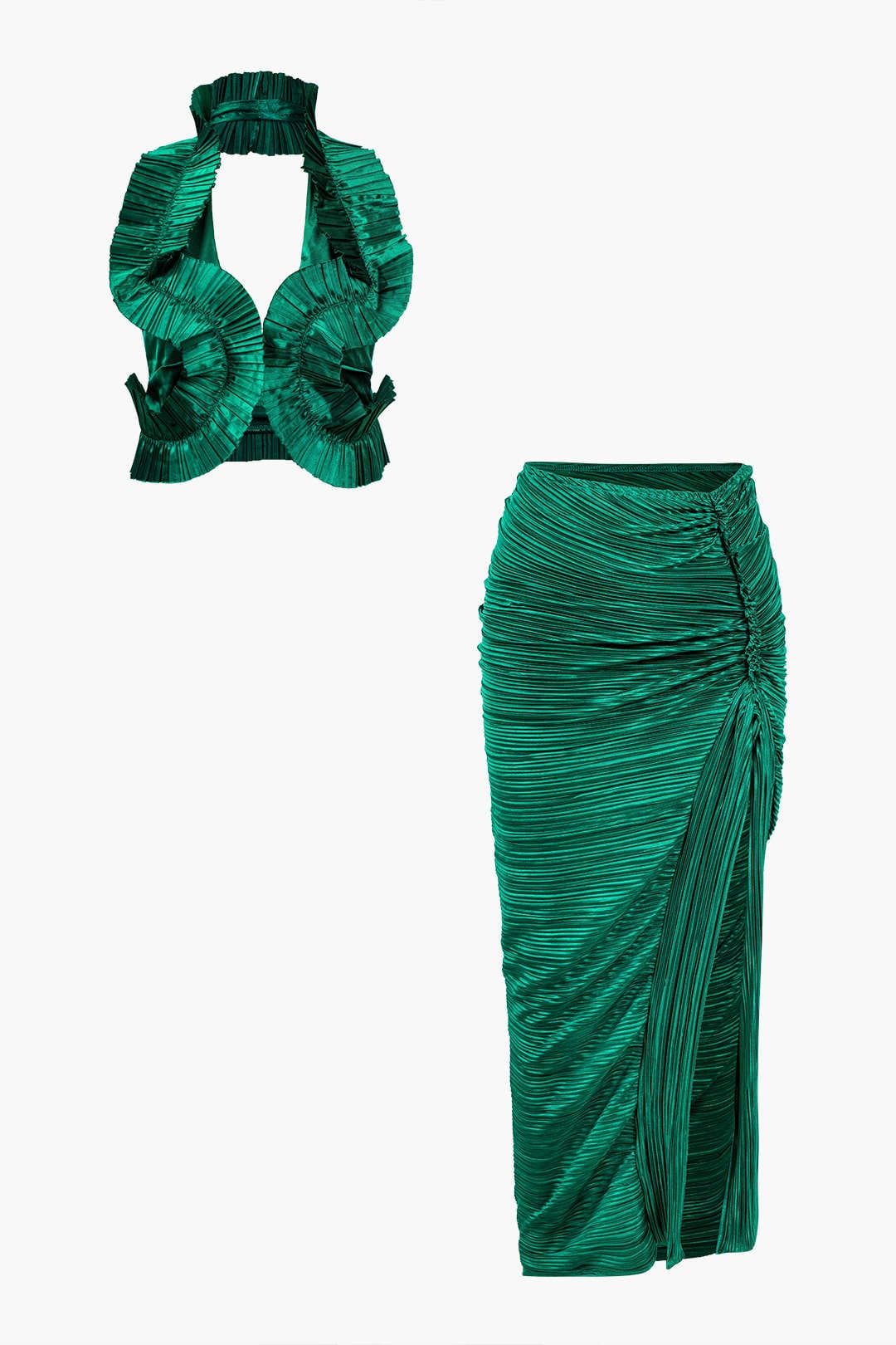 Moon 45 GREEN / S Pleated Halter Midi Skirt Set