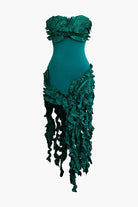 Moon 45 GREEN / S Ruffled Fringe Strapless Midi Dress