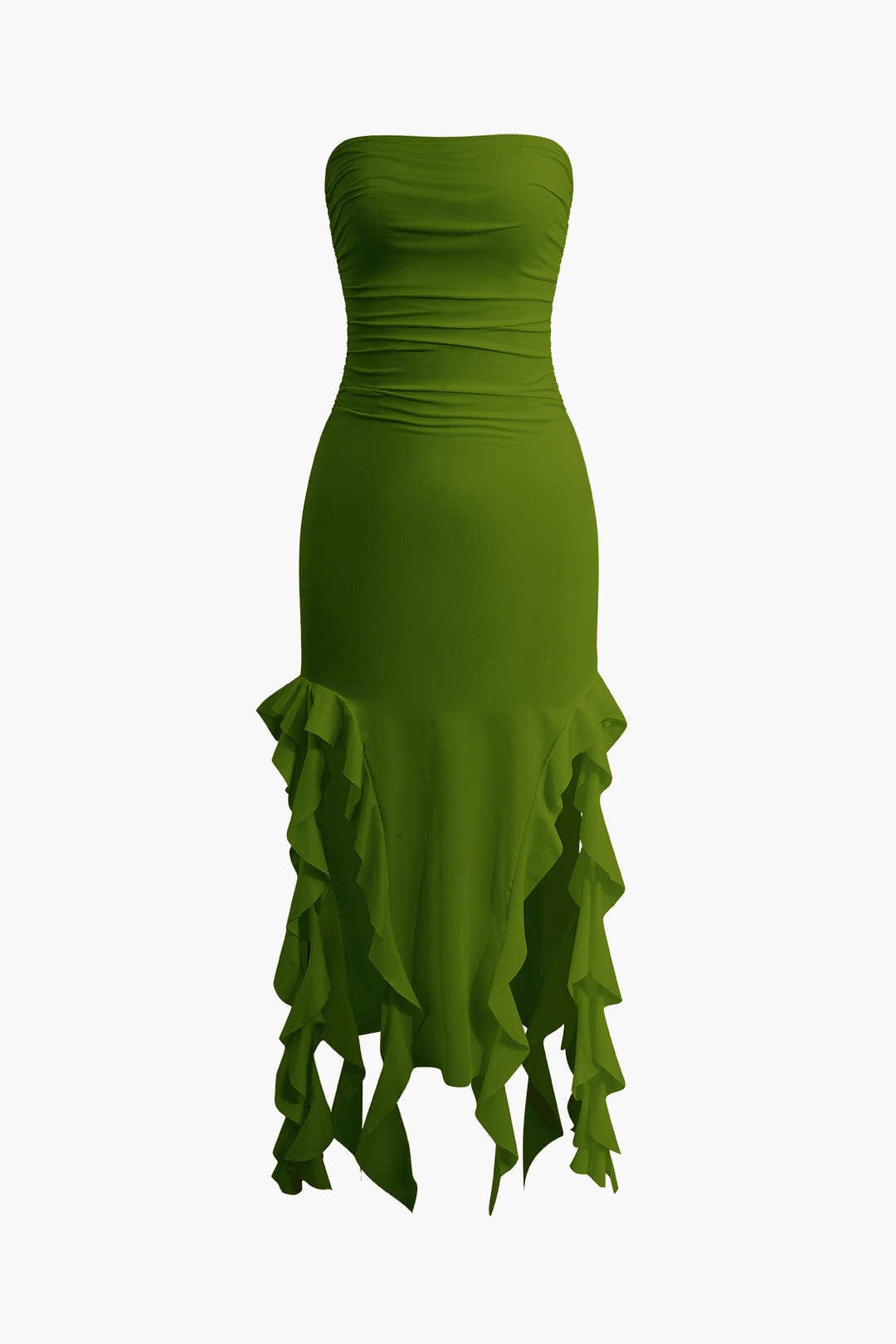 Moon 45 GREEN / S Solid Ruffle Hem Ruched Tube Maxi Dress