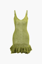 Moon 45 GREEN / XS Open Knit Ruffle Hem Cami Mini Dress