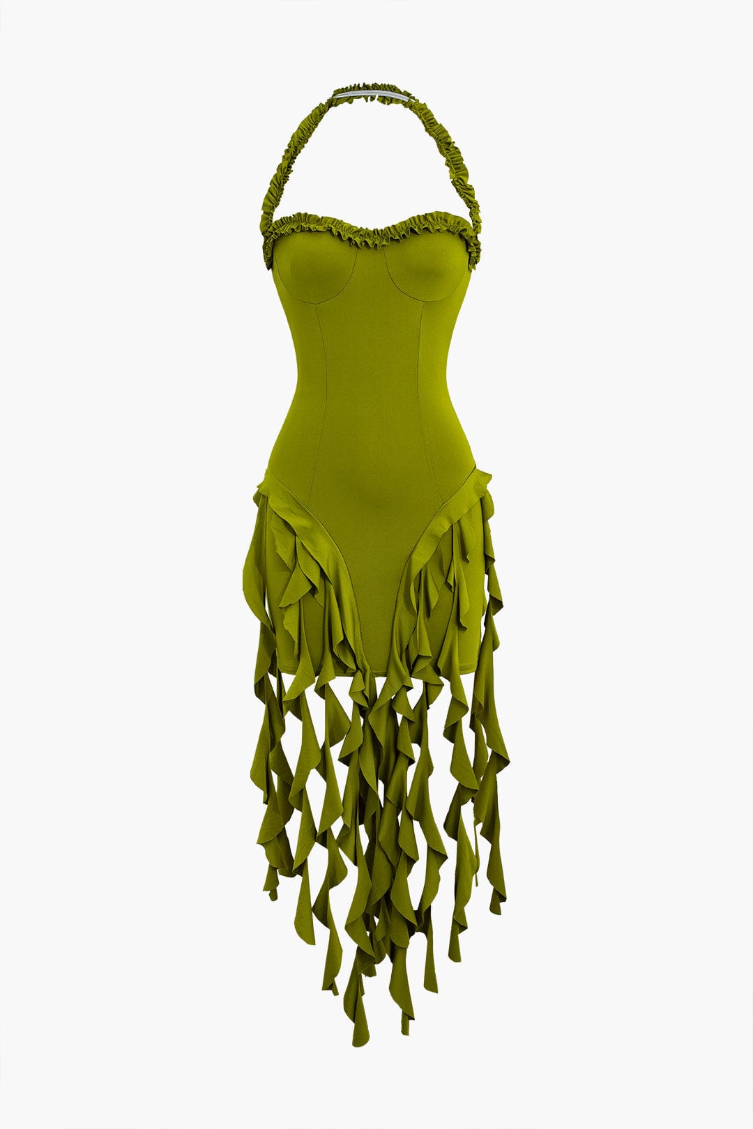 Moon 45 GREEN / XS Ruffle Tassel Halter Bustier Mini Dress