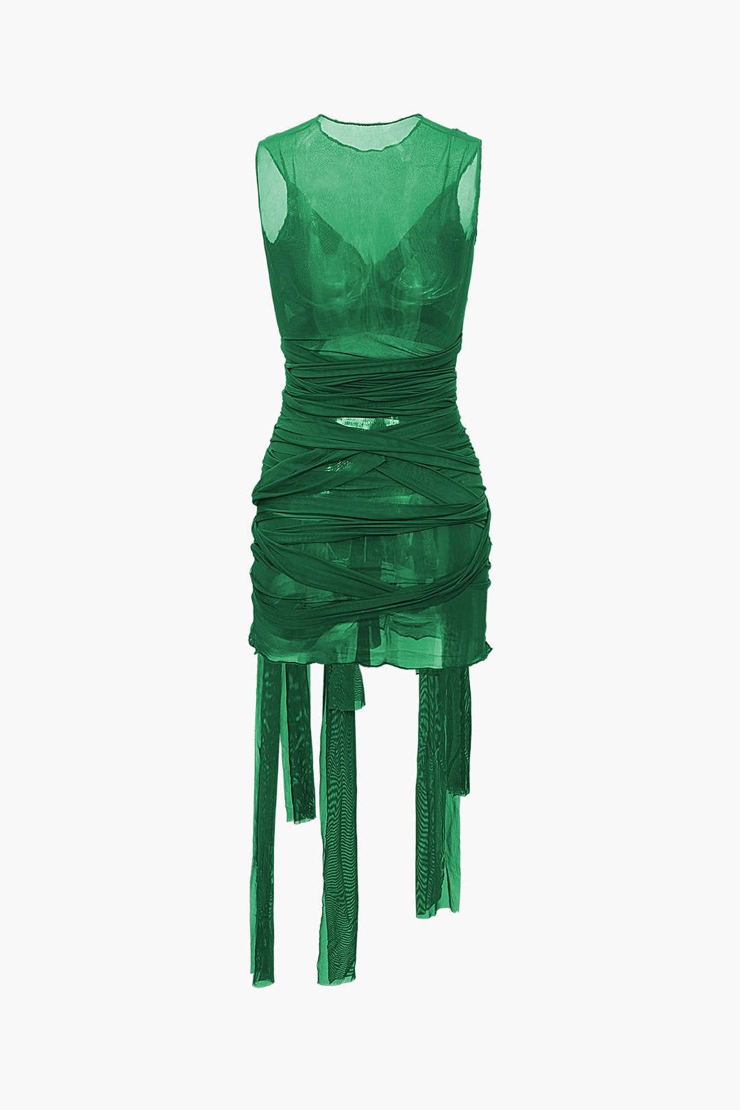 Moon 45 GREEN / XS Sheer Mesh Wrap Tie Ribbon Mini Dress