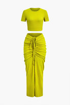 Moon 45 GREEN / XS Textured Crop Top & Ruched Skirt Set