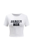 Moon 45 Letter Print Round Neck Short Sleeve T-Shirt