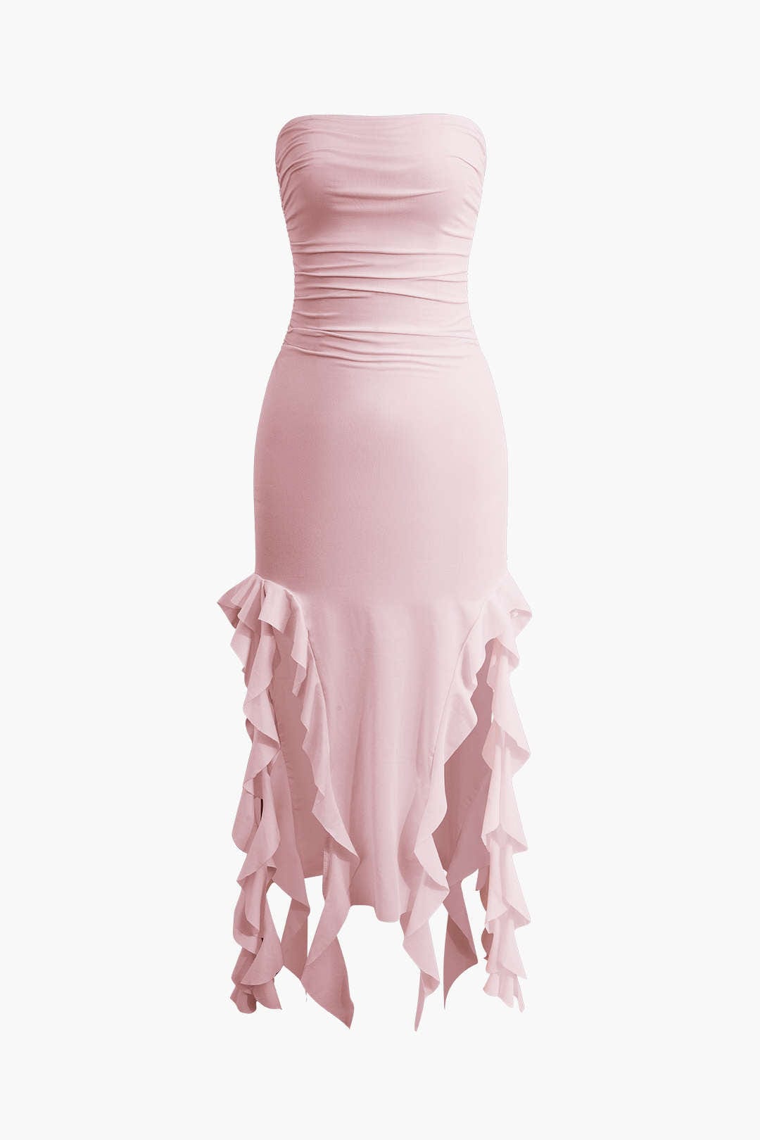 Moon 45 LIGHT PINK / S Solid Ruffle Hem Ruched Tube Maxi Dress