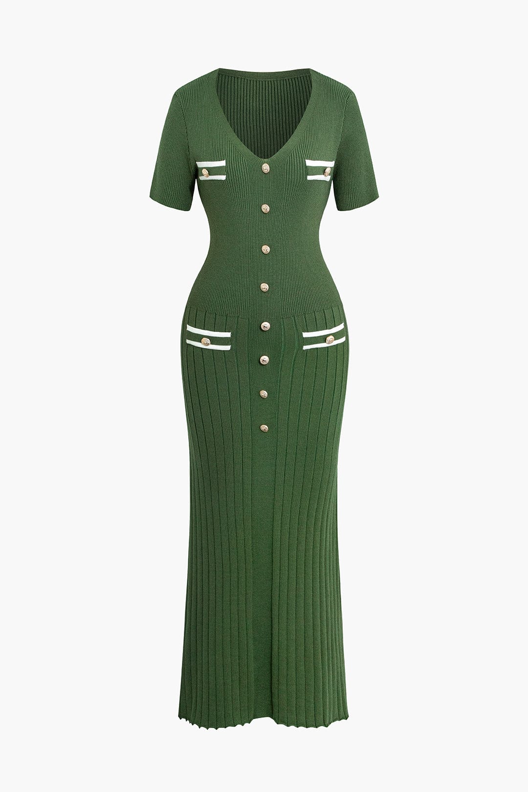 Moon 45 MILITARY / S Ribbed Knit V-neck Midi Dress