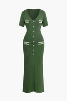 Moon 45 MILITARY / S Ribbed Knit V-neck Midi Dress