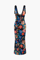 Moon 45 MULTICOLOR / XS Floral Print Lace Trim V-neck Maxi Dress