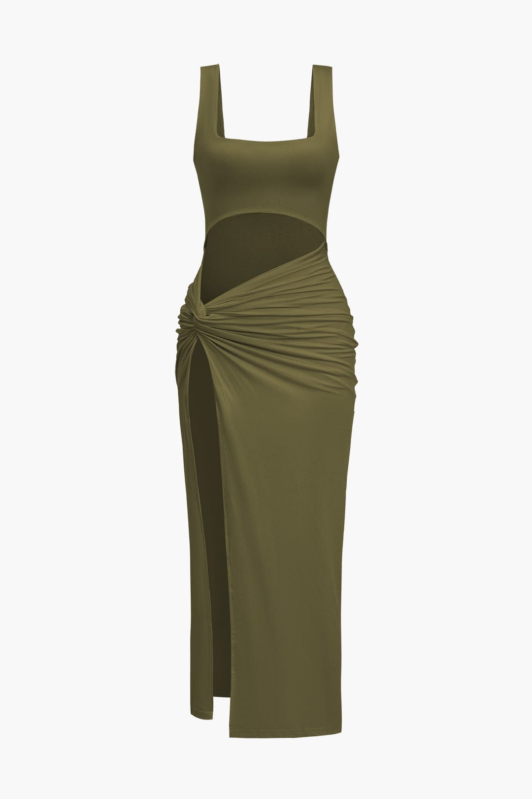 Moon 45 OLIVE / XS Solid Twist Front Cut Out Slit Midi Dress