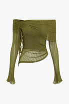 Moon 45 OLIVE / XS Texture Off Shoulder Asymmetrical Tie Mesh Top