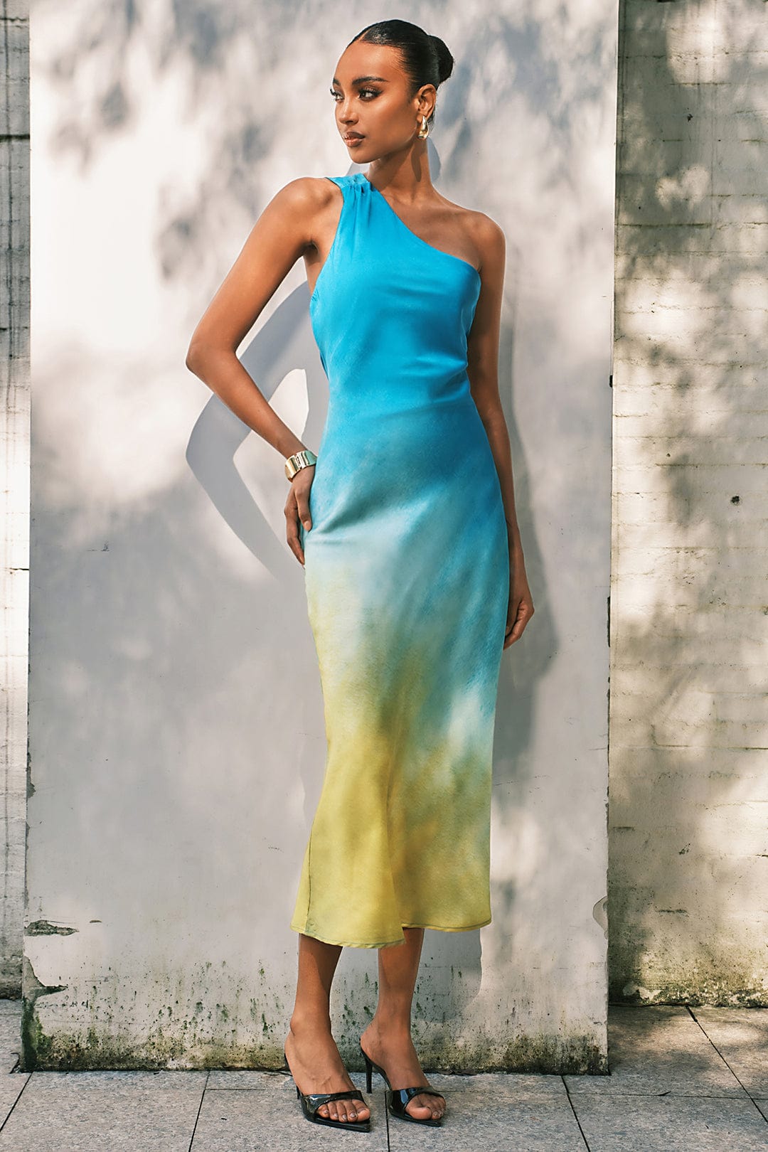 Moon 45 Ombre Print Satin Maxi Dress