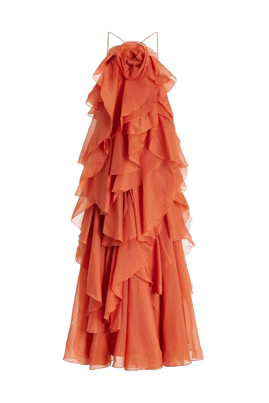 Moon 45 Orange / S Ruffle Floral Lightweight Loose Tie-Back Backless Midi Dress