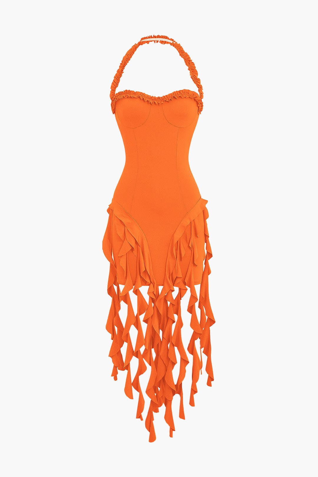 Moon 45 ORANGE / XS Ruffle Tassel Halter Bustier Mini Dress