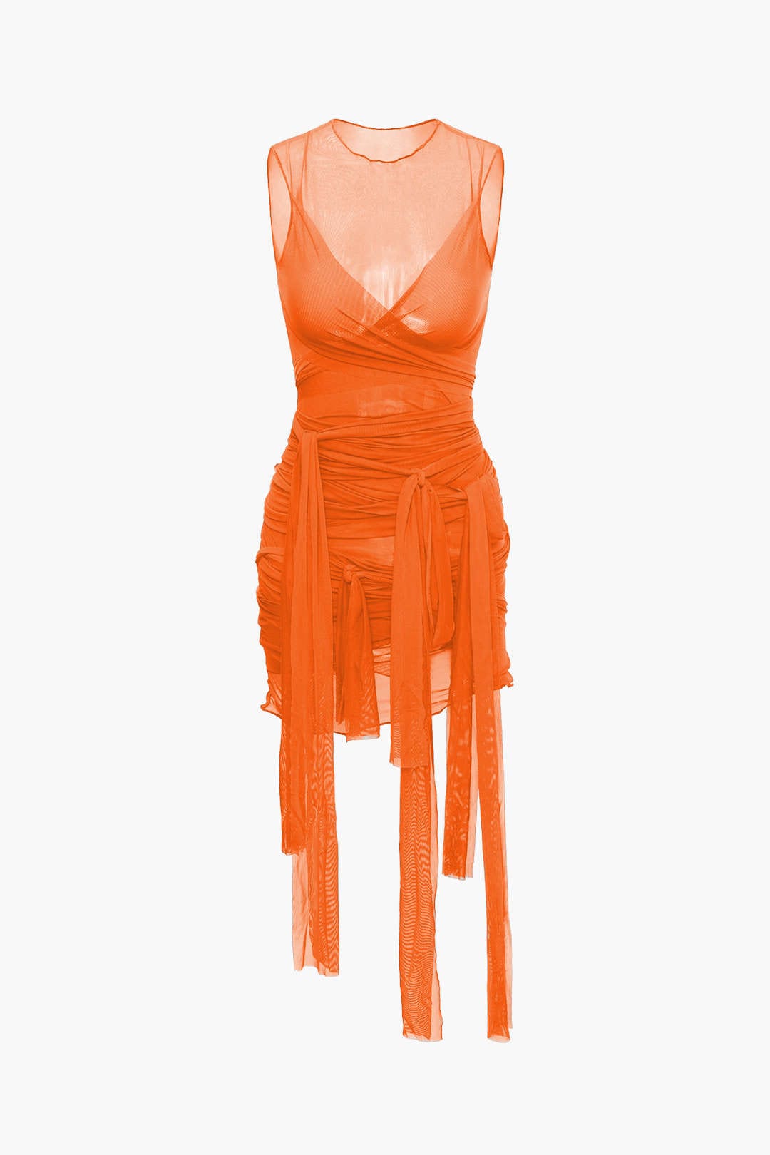 Moon 45 ORANGE / XS Sheer Mesh Wrap Tie Ribbon Mini Dress