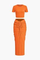 Moon 45 ORANGE / XS Textured Crop Top & Ruched Skirt Set