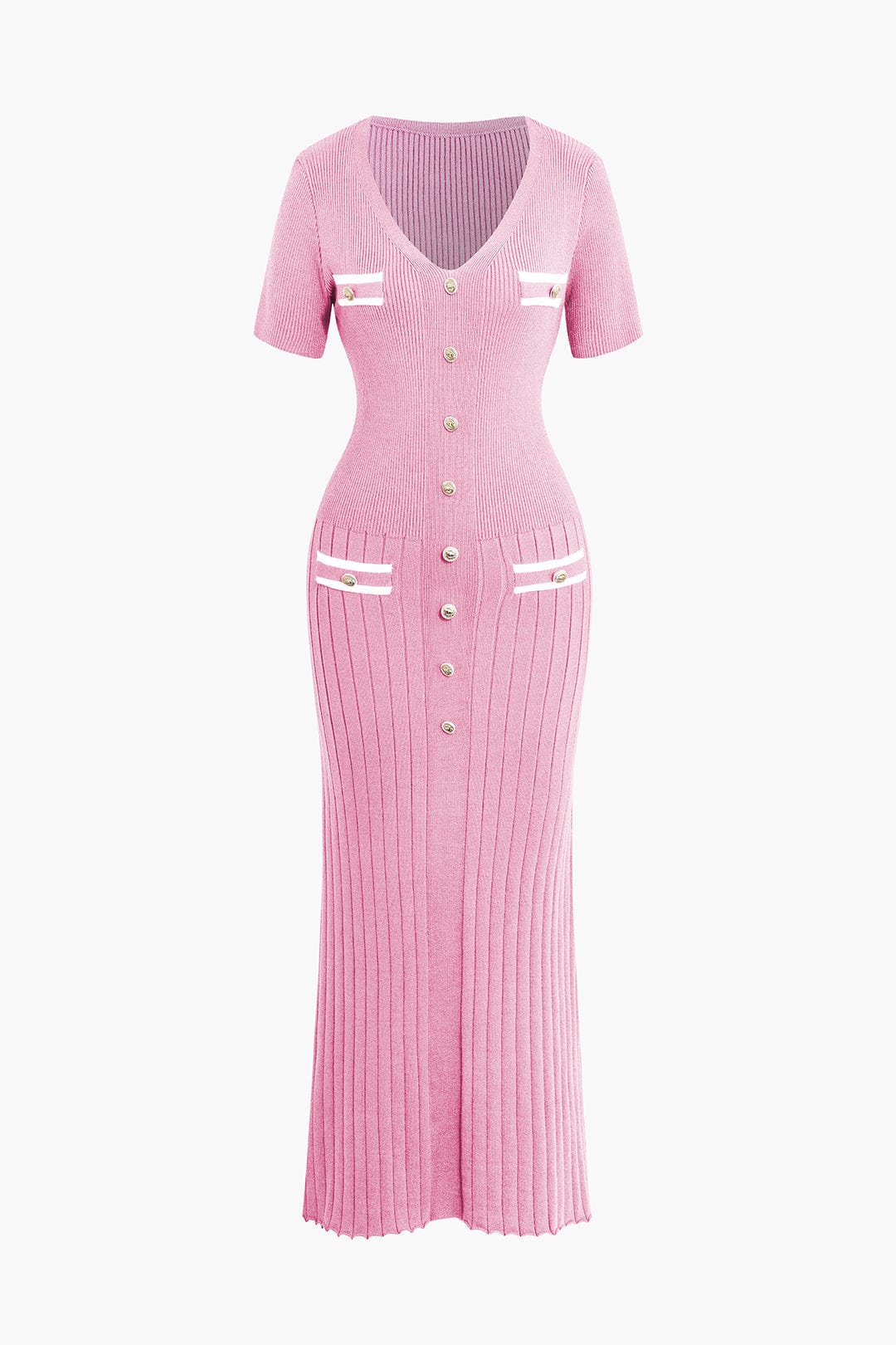 Moon 45 PINK / S Ribbed Knit V-neck Midi Dress