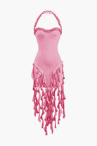 Moon 45 PINK / XS Ruffle Tassel Halter Bustier Mini Dress