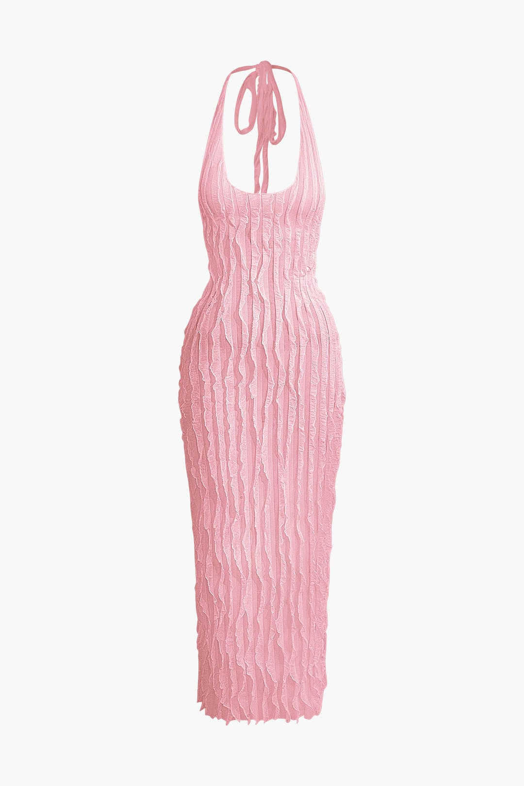 Moon 45 PINK / XS Sheer Ruffle Texture Halter Backless Maxi Dress