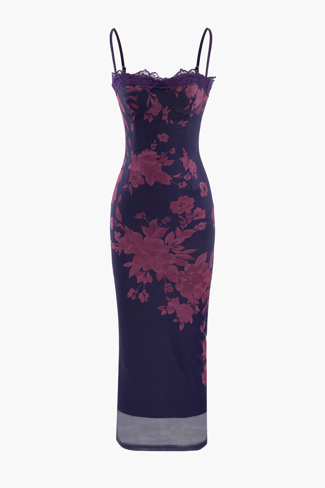 Moon 45 PLUM / XS Floral Print Lace Trim Slit Maxi Dress