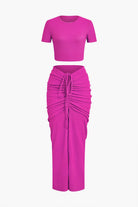 Moon 45 RASPBERR / XS Textured Crop Top & Ruched Skirt Set