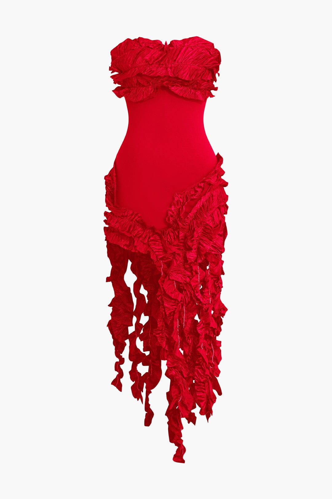 Moon 45 RED / S Ruffled Fringe Strapless Midi Dress