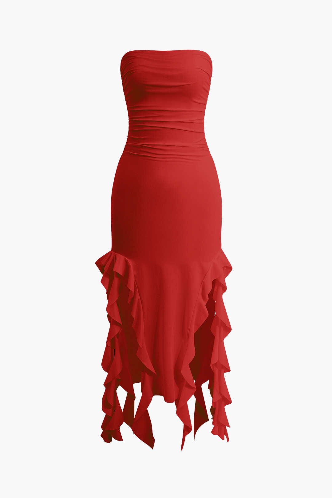 Moon 45 RED / S Solid Ruffle Hem Ruched Tube Maxi Dress