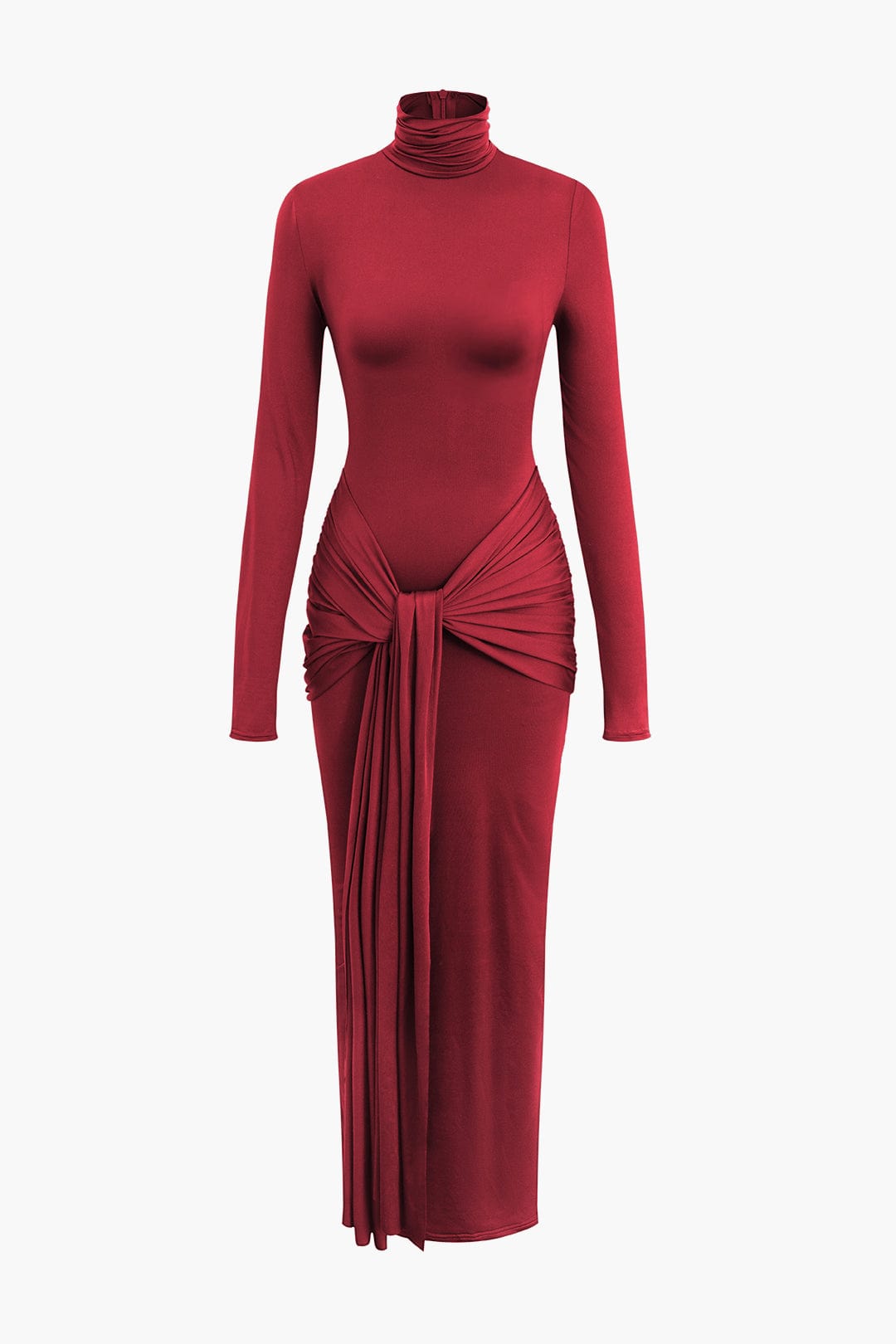 Moon 45 Red / S Wrap Ruched High Neck Long Sleeve Maxi Dress