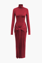 Moon 45 Red / S Wrap Ruched High Neck Long Sleeve Maxi Dress