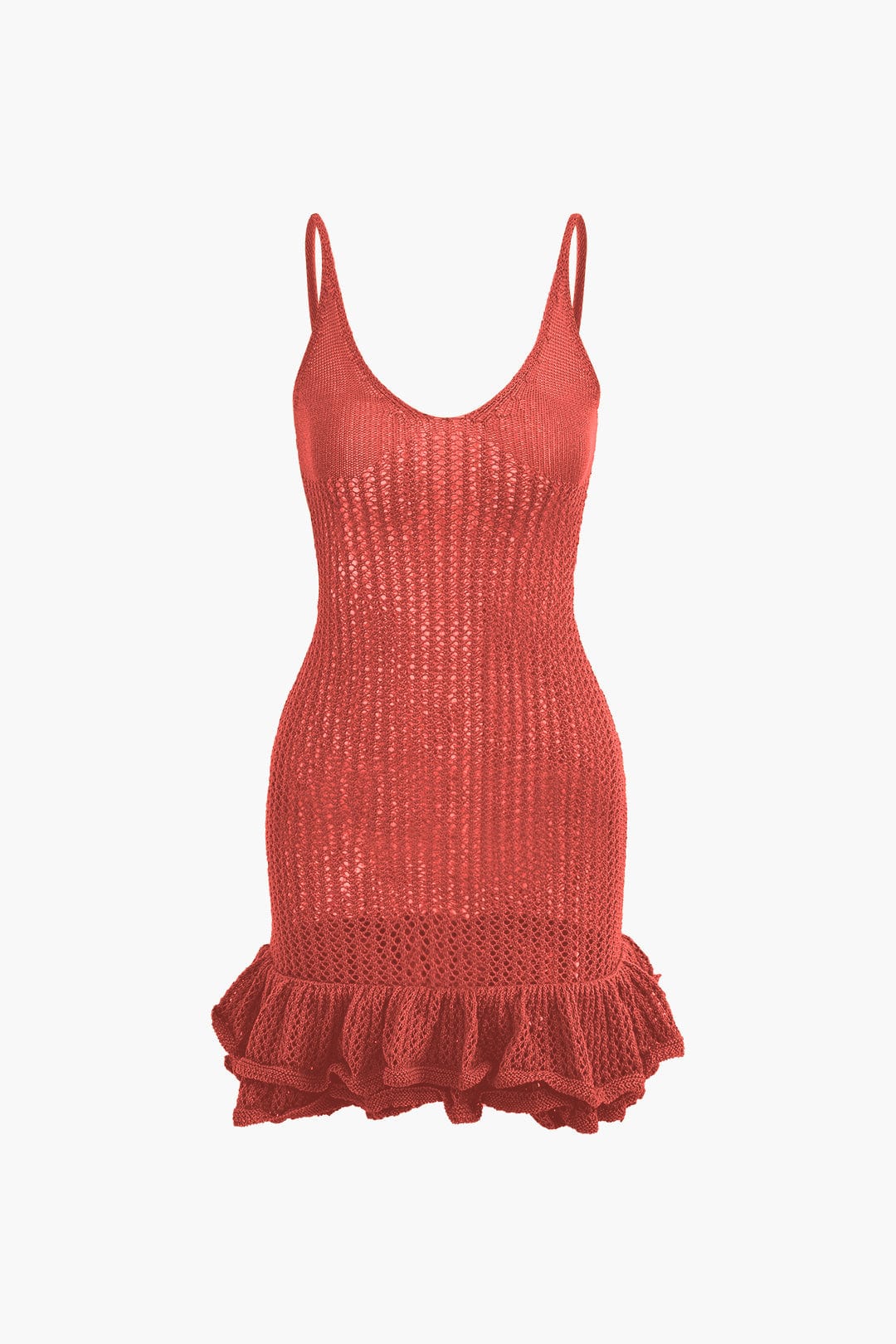 Moon 45 RED / XS Open Knit Ruffle Hem Cami Mini Dress