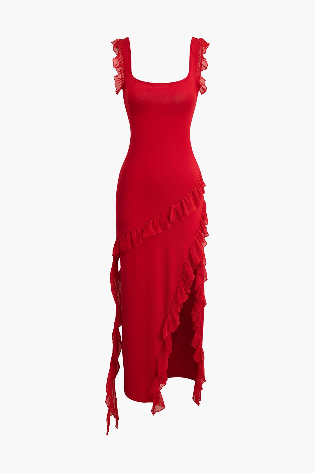 Moon 45 RED / XS Ruffle Trim Square Neck Slit Sleeveless Maxi Dress