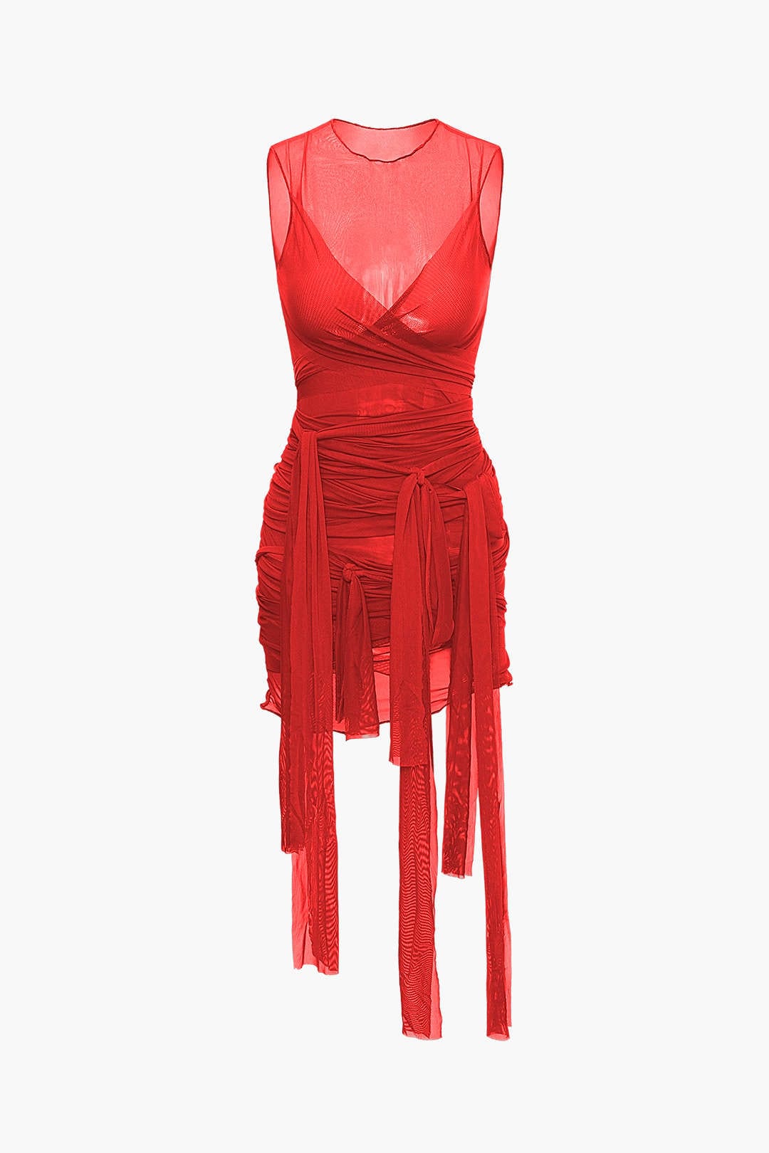 Moon 45 RED / XS Sheer Mesh Wrap Tie Ribbon Mini Dress