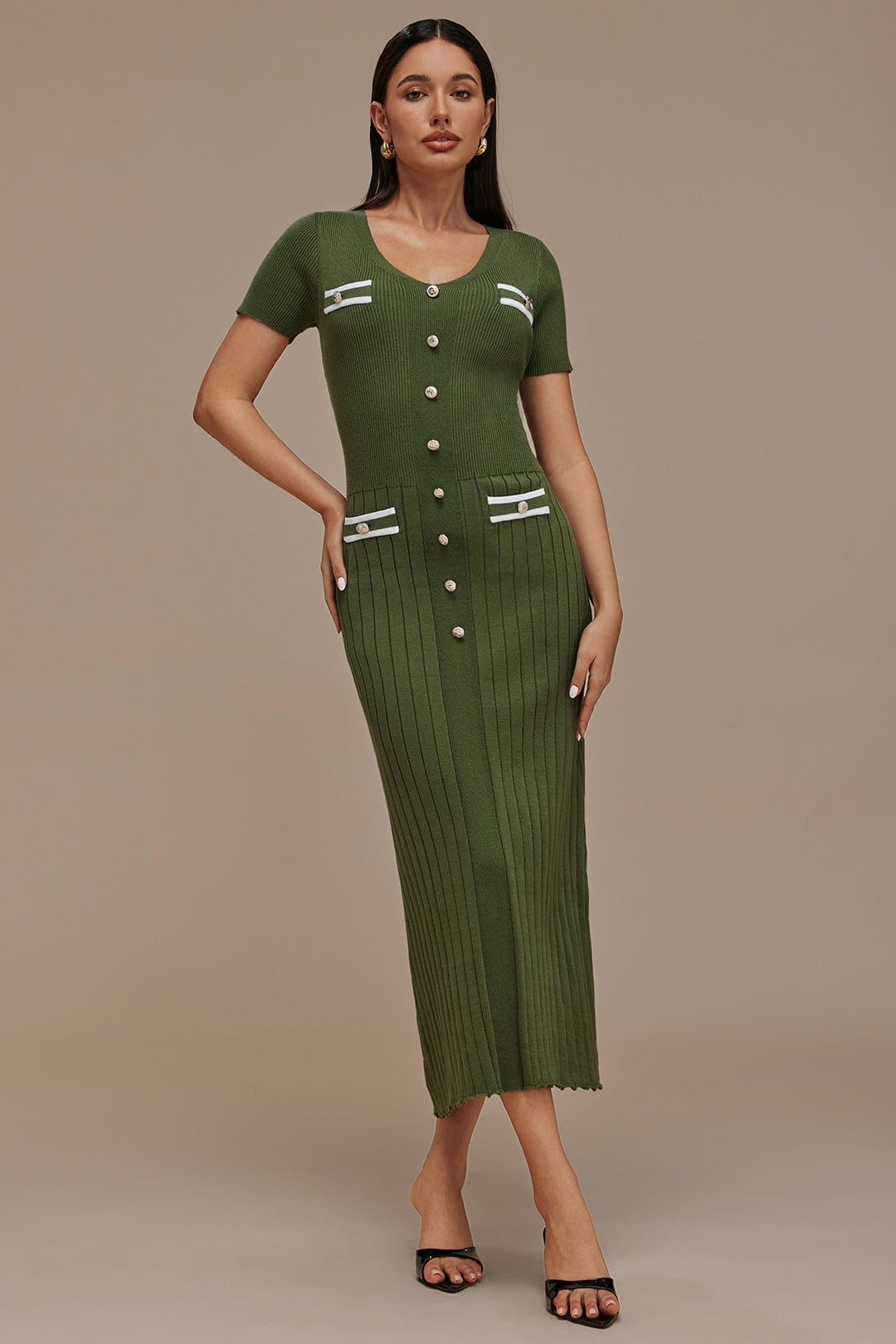 Moon 45 Ribbed Knit V-neck Midi Dress