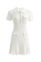 Moon 45 S / White Elegant Pearl Button Knitted Ruffle Hem Mini Skirt