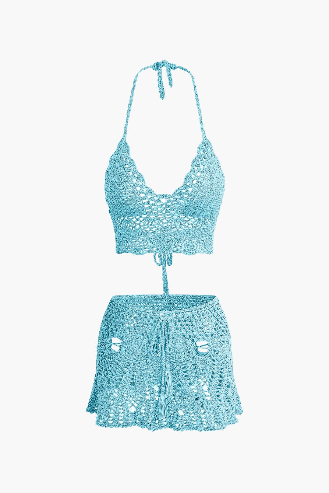 Moon 45 SKY BLUE / S Crochet Halter Knit Cami Top And Mini Skirt Set