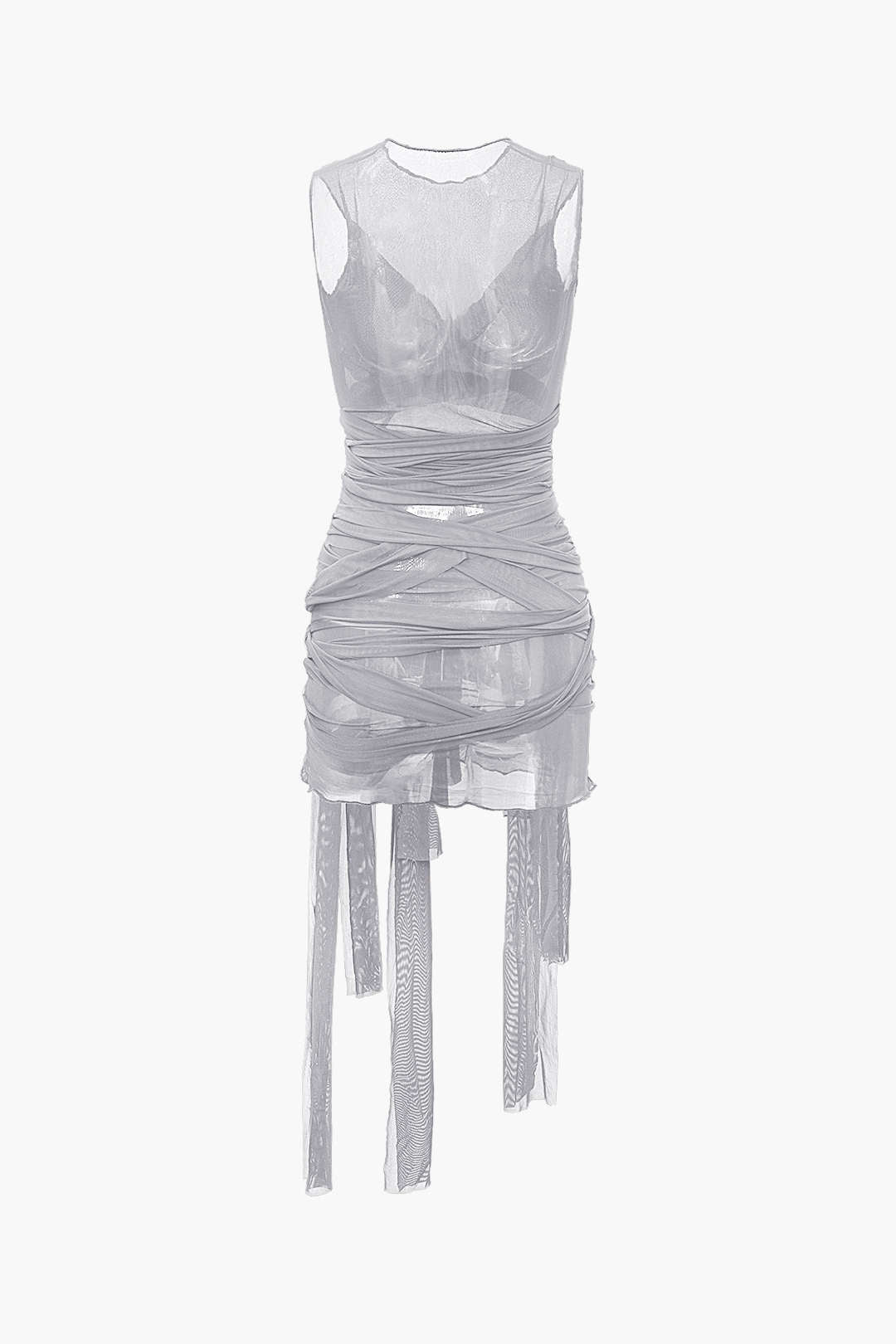 Moon 45 SMOKE / XS Sheer Mesh Wrap Tie Ribbon Mini Dress