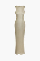 Moon 45 TAN / S Metallic Sleeveless Backless Slit Knit Maxi Dress