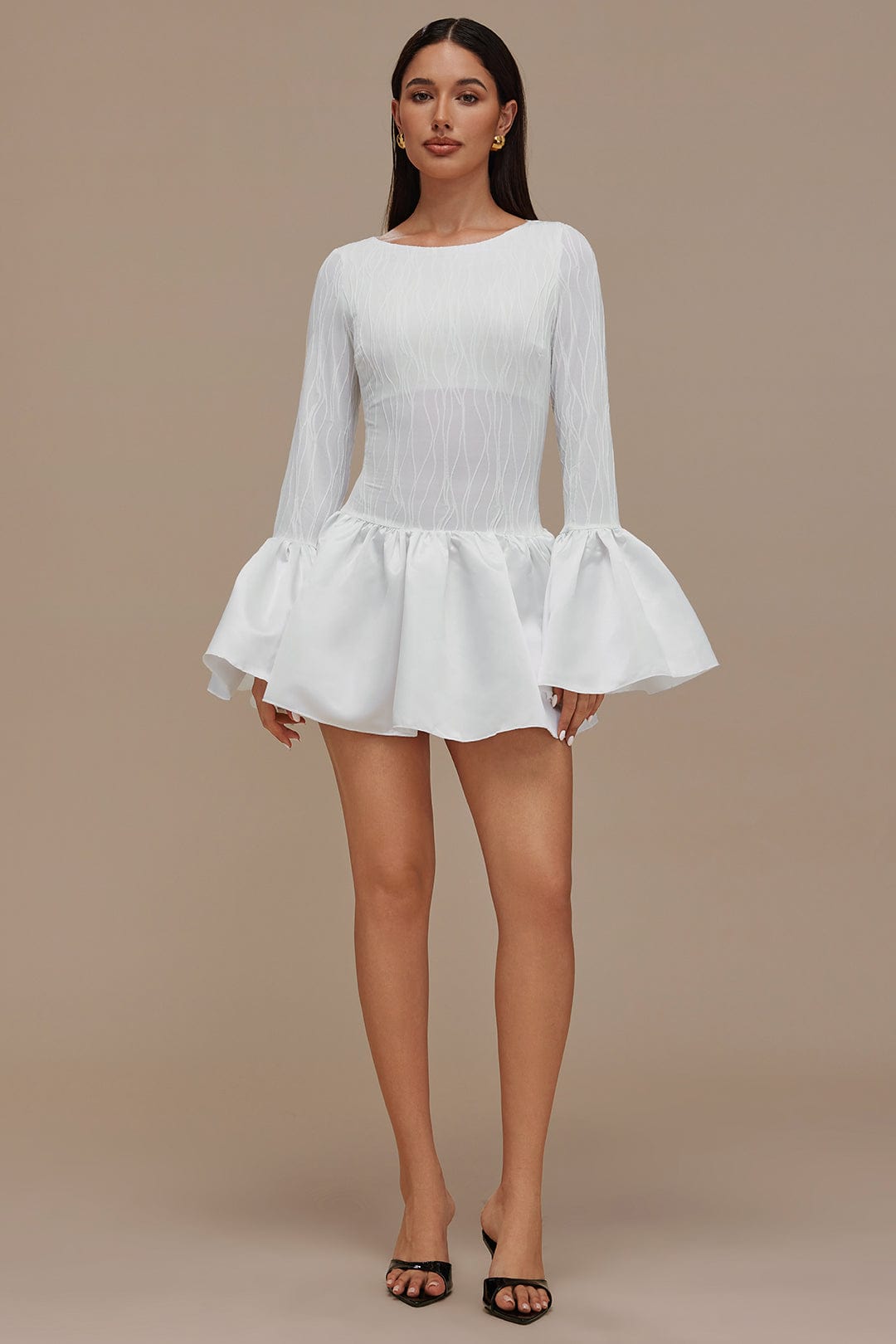 Moon 45 Textured Ruffle Long Sleeve Mini Dress