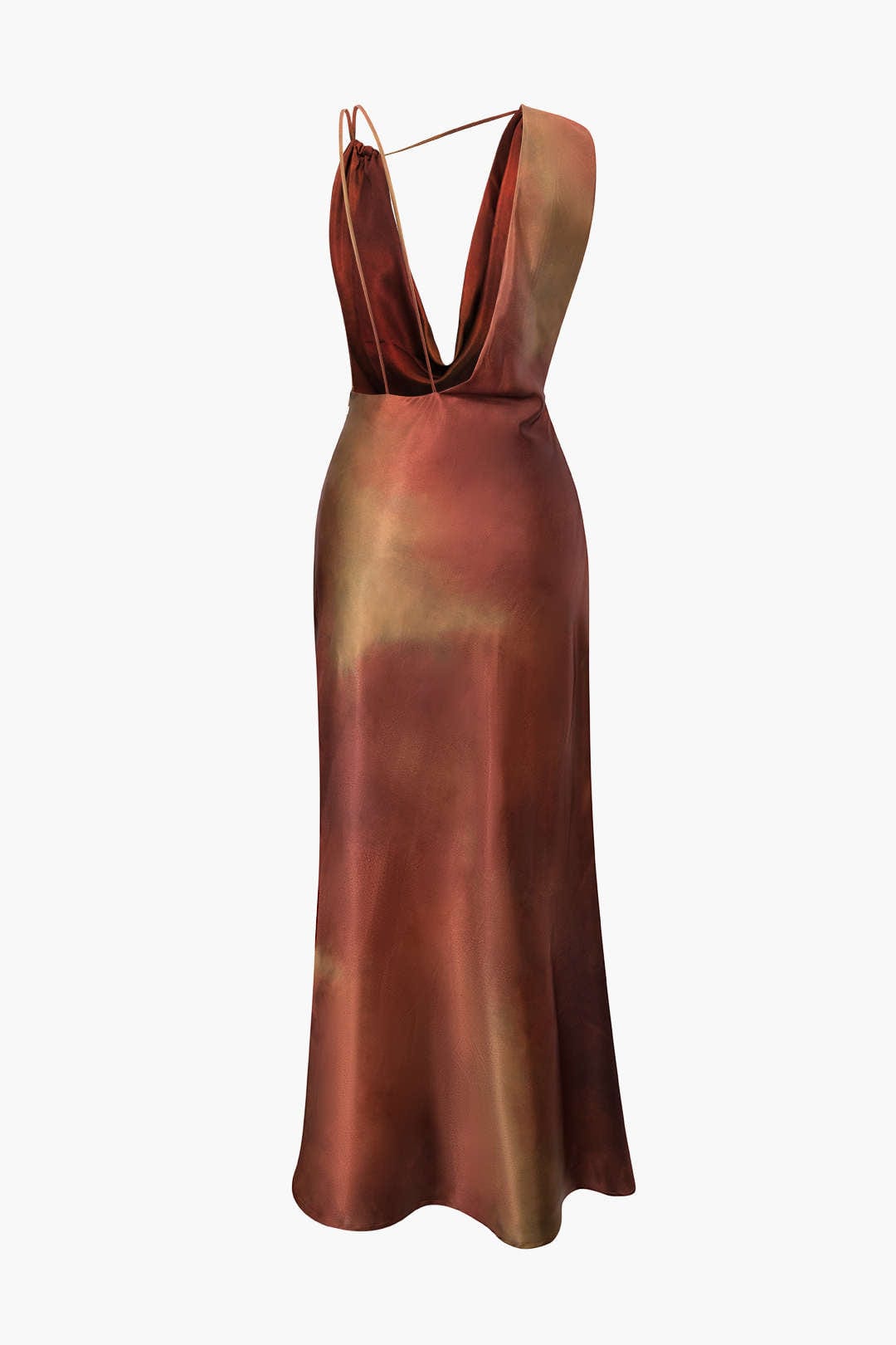 Moon 45 Tie Dye Asymmetric Cowl Neck Satin Maxi Dress