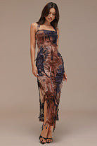 Moon 45 Tie Dye Distressed Mesh Slit Halter Maxi Dress