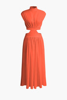 Moon 45 TOMATO / XS Mock Neck Cut Out Pleated Maxi Dress