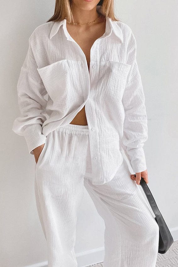 Moon 45 WHITE / S Minimalist Cotton Two Piece Pants Set